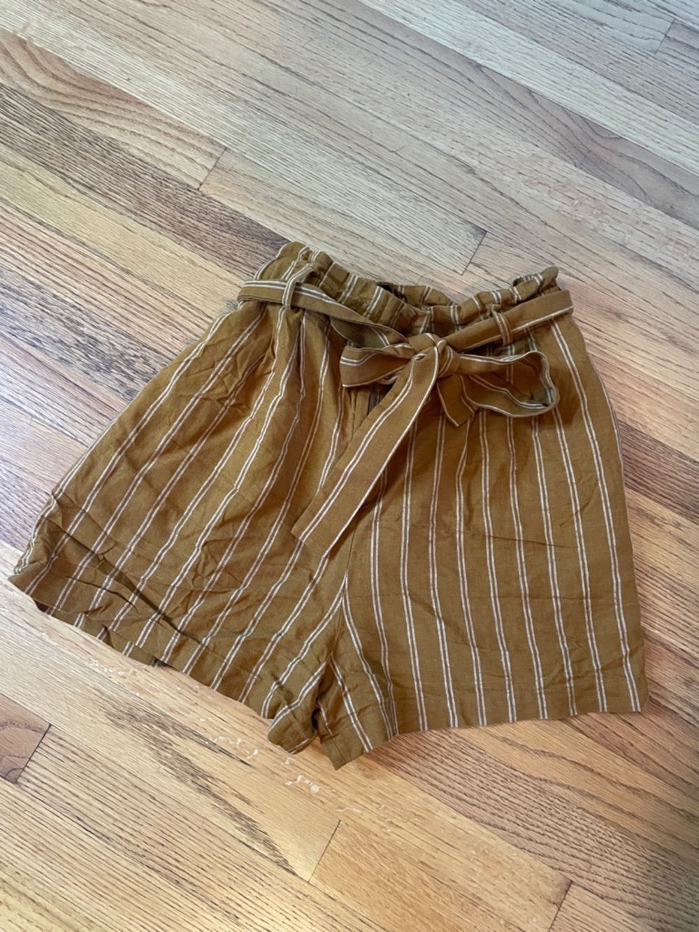 BCBGMaxAzria Mustard Striped Paperbag Waist Shorts with Tie